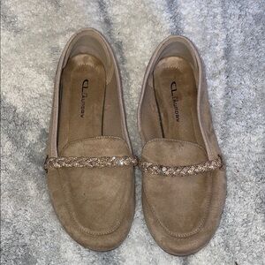 CL by Laundry Beige Loafers with Gold Accents
